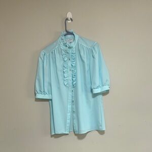 Vintage light blue ruffled button-down blouse vintage 1970s1980s.